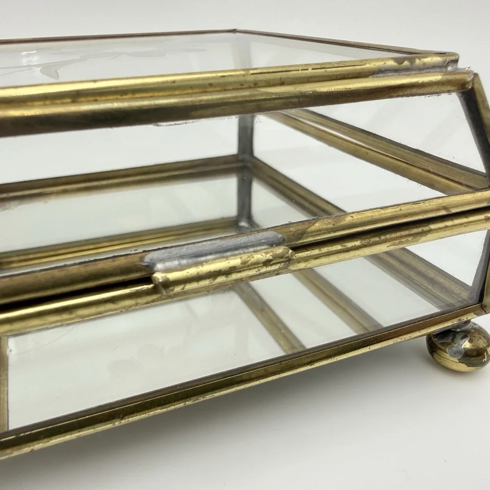 Mirrored Glass Jewelry Box Brass Trinket Etched Flower Lid Storage Display 4x4x2